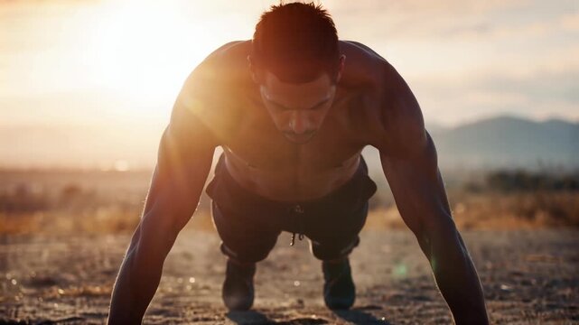 Muscular Man Doing Push-Ups Outdoors at Sunrise with Dramatic Golden Light and Long Shadows Cinematic Fitness Concept