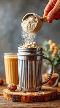 Adding a scoop of protein powder to a nutrition shake for optimal metabolism support kitchen setting close-up view