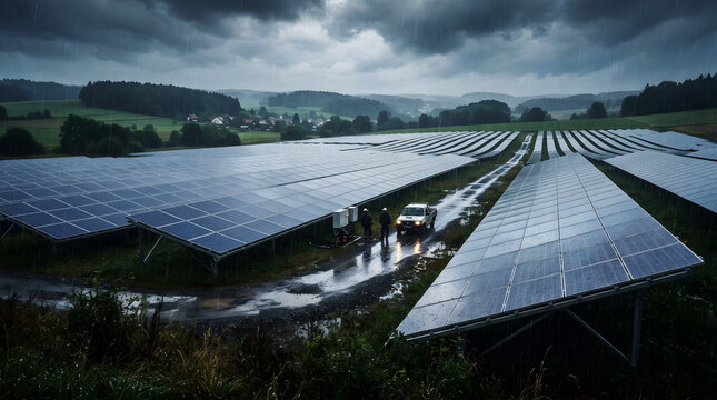 Utility scale solar farm during rainy weather and heavy rainstorm stock photo, ground mounted solar array under dark moody sky with wet muddy access path, and net zero climate resilience illustration.