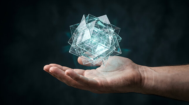 Human hand holding a glowing geometric crystal with digital circuits