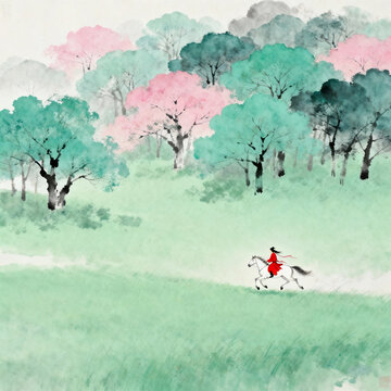 Chinese Ink Painting of Rider in Red Galloping on Grassland