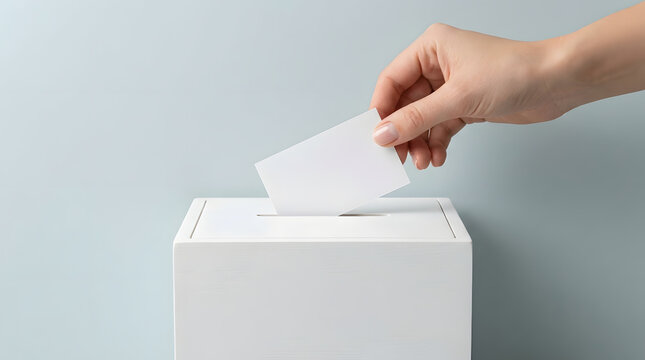 Hand inserting blank white card into minimalist suggestion box on pale blue grey background with copy space, feedback and survey concept