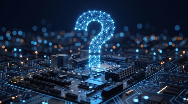 Glowing digital question mark symbol hovering above motherboard chip with intricate circuit board traces