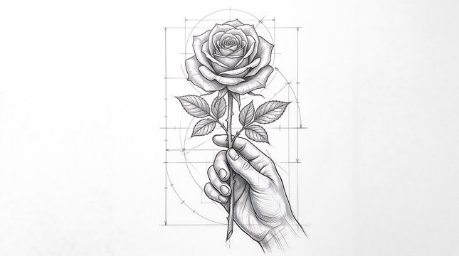 Hand holding a rose flower with technical geometric construction lines