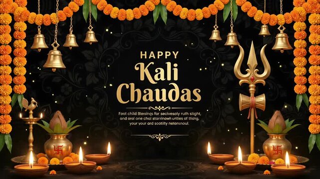 Kali Chaudas Golden Trishul Altar with Glowing Diyas, Animated Choti Diwali Festive Motion Video Background
