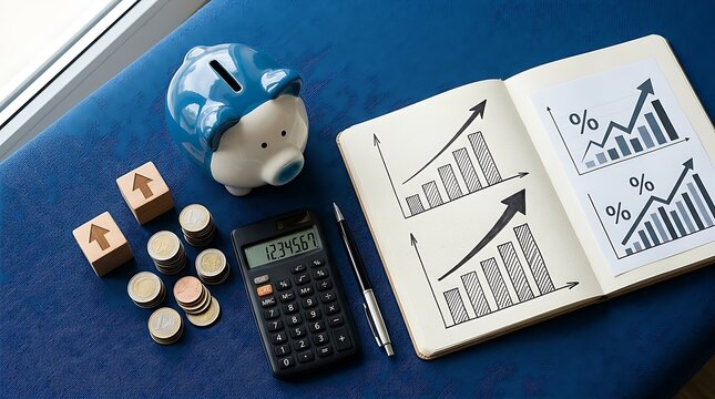 Financial Growth Concept: Piggy Bank, Calculator, Coins, and Charts