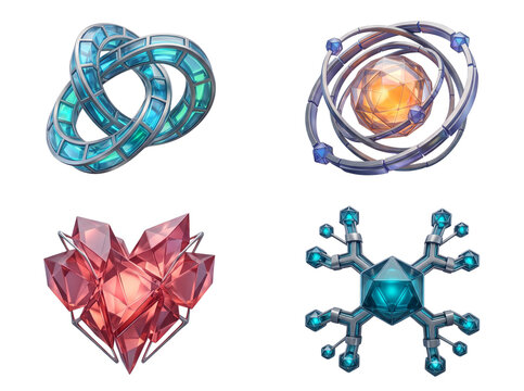 Fantasy game icons set, 4 magical crystal artifacts and glowing gems, mystical jewelry items for RPG interface, sci-fi energy power-ups