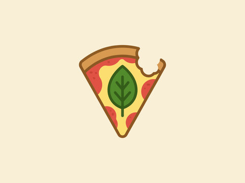 Colorful Triangular Pizza Slice With Green Leaf Topping And A Playful Bite Mark, Fresh Italian Food And Pizzeria Menu Concept Vector Illustration