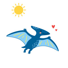 Cute Blue Pterodactyl Cartoon Flat Vector Illustration with Sun and Hearts, Kids Dinosaur Character Design © TLIST