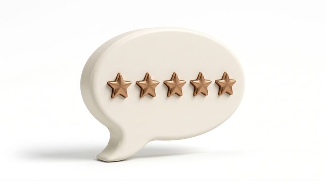 Five golden stars rating inside a white speech bubble icon