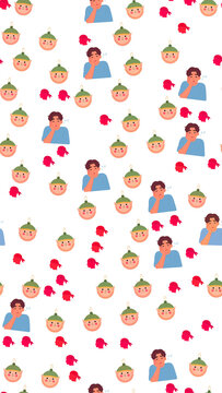 Seamless pattern of cartoon elf faces and bored young men