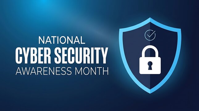 National cyber security awareness month shield icon graphic with padlock for protection and data safety concept on blue background.
