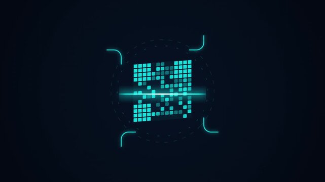 Futuristic Glowing Cyber QR Code Scanner Loop with Cyan Laser Beam and Central Verification Dial 4K Video