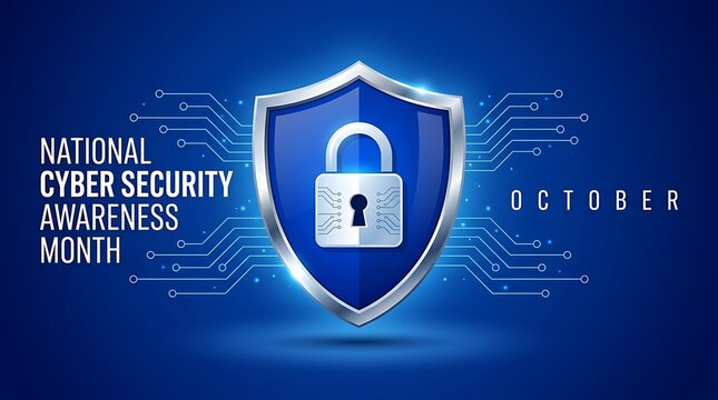 National cyber security awareness month october shield graphic with digital padlock and circuit lines for protection and data security concept.