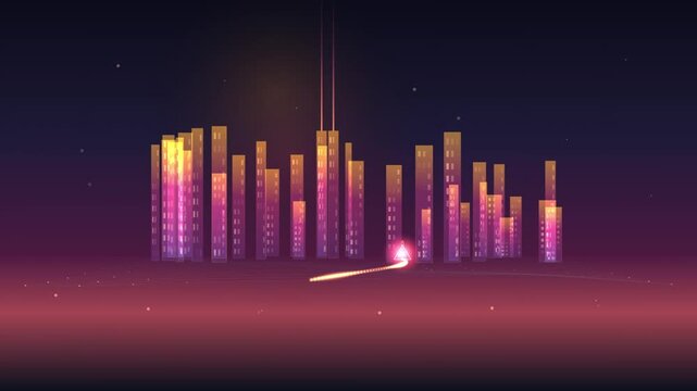 Futuristic Synthwave Cyberpunk City Skyline Skyline Skyline Horizon with Glowing Comet Light Trail 4K Video