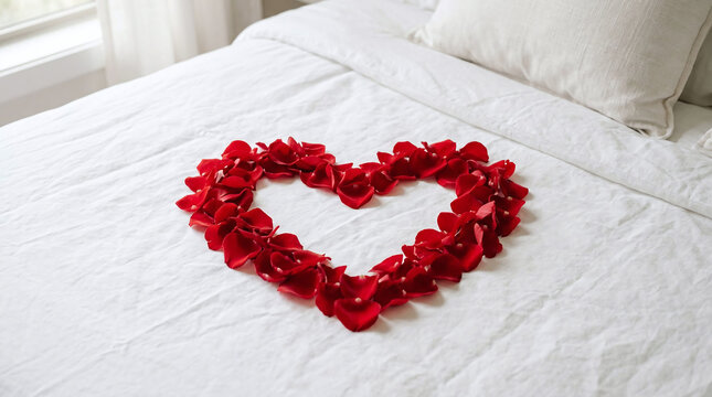 Heart shape arranged from red rose petals on white bed linen