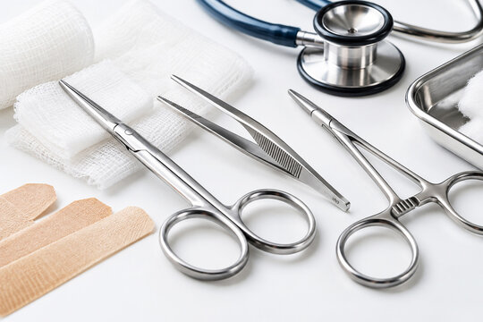 Medical instruments and wound care supplies arranged on a clinic surface. Surgical tools and stethoscope for healthcare treatment. Clinical preparation, patient care and medical procedures.