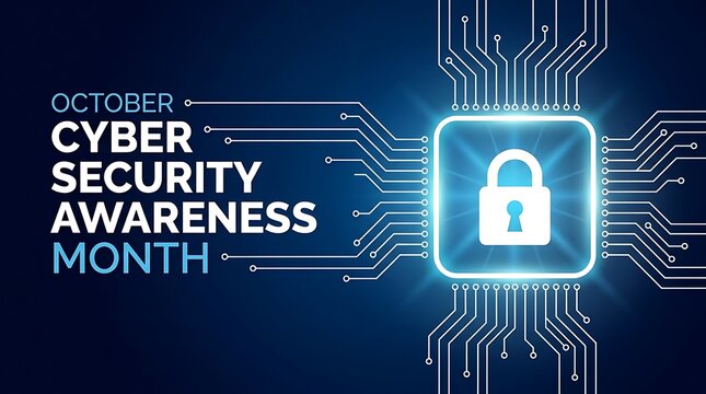 October cyber security awareness month marked by digital pad lock inside glowing computer chip and circuit connections.