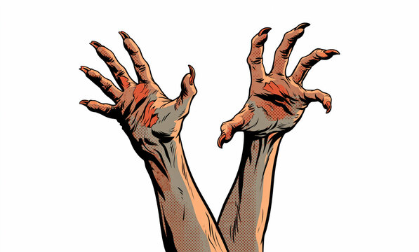 Two zombie hands reaching with claws in vintage pin-up comic style