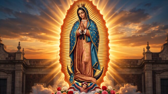 Traditional Portrait of Our Lady of Guadalupe featuring Blue Starry Mantle, Rose Floral Tunic, Crescent Moon, Cherub, and Radiant Golden Sun Rays