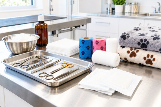 Veterinary medical instruments, bandages and supplies arranged on stainless clinic table. Pet care and animal health treatment preparation. Veterinary clinic equipment. Wound care supplies