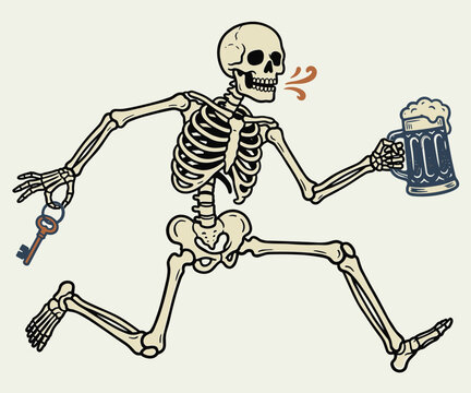 Running Skeleton Holding Beer Mug and Key Vintage Illustration