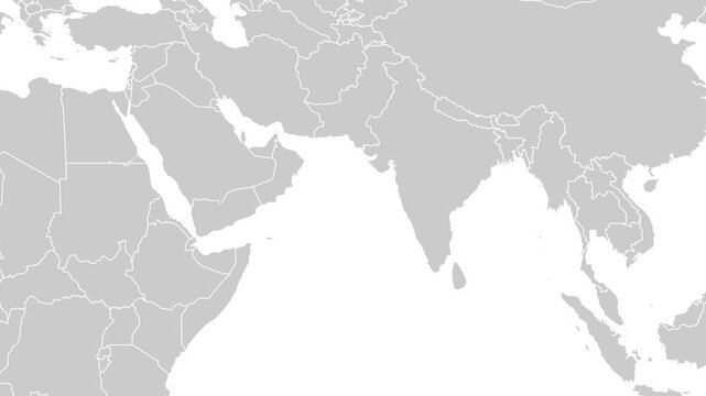 World map zooming out from Southeast Asia across India and Middle East to full grey world map with country borders on white