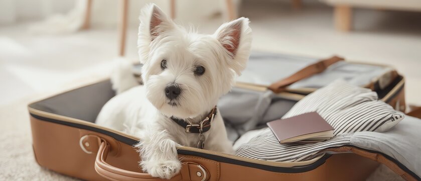 Dog resting in a suitcase ready for travel.