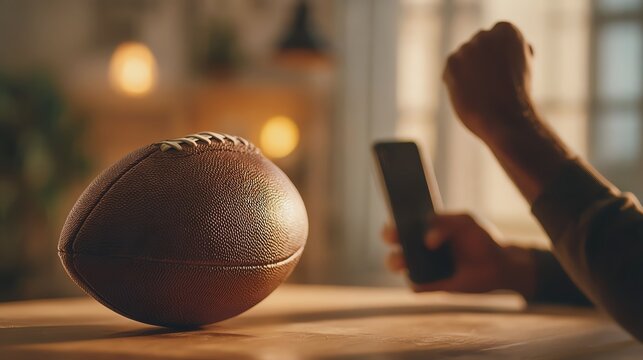 Exciting football game moment with smartphone.