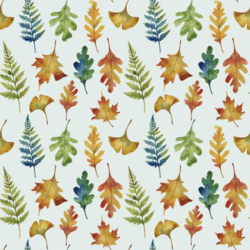 Watercolor Autumn Leaves Seamless Pattern with Oak, Maple, Ginkgo and Fern Foliage-Misty Blue