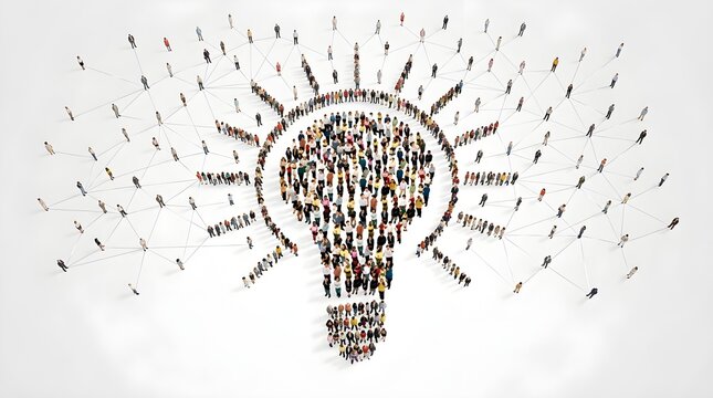 Large Group of Diverse People Forming a Lightbulb Shape to Represent Collaborative Innovation and Teamwork Strategy