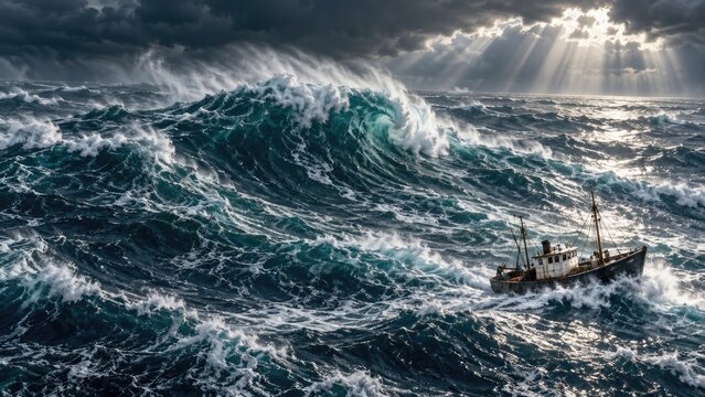 Large fishing trawler struggling through turbulent dark blue ocean waves beneath dramatic storm clouds illuminated by rays of light piercing through heaven.