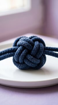 A tight monkey fist knot made of blue and black paracord rope sitting on a smooth surface