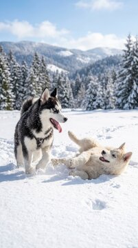 Two happy husky dogs playing and running together in a snowy mountain forest during a bright winter day