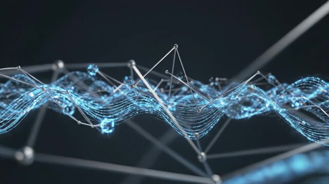 Clean abstract 3D motion graphics background of quantum computing data streams with elegant silver and blue wave lines shifting