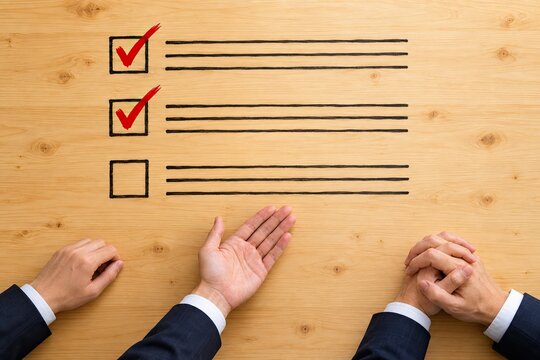 Business people hands point at checklist with two red checked boxes and one unchecked box on wooden table background.