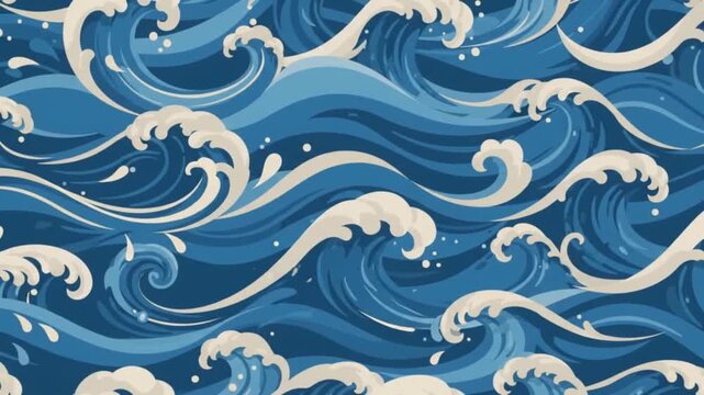 Seamless japanese ocean wave pattern animation, stylized blue sea surface background, for motion waves