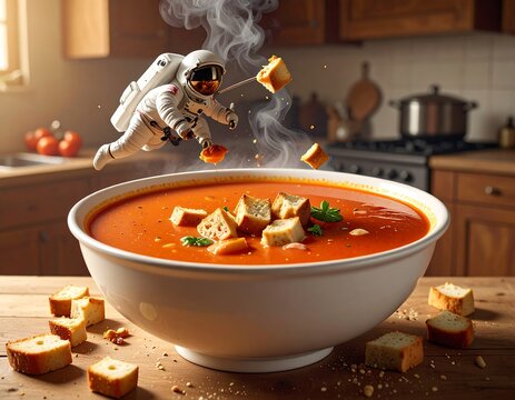 Astronaut floating in zero gravity over a bowl of hot tomato soup with croutons