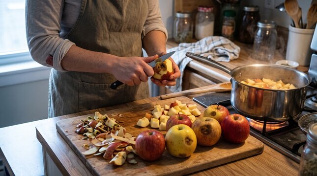 Food waste reduction bruised apples, Homemade applesauce cooking, Salvaging imperfect fruit, Sustainable kitchen routine, Fruit waste prevention, Resourceful home cooking