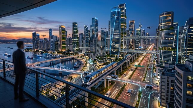 Businessman looking at futuristic smart city skyline with drones and trains at sunset