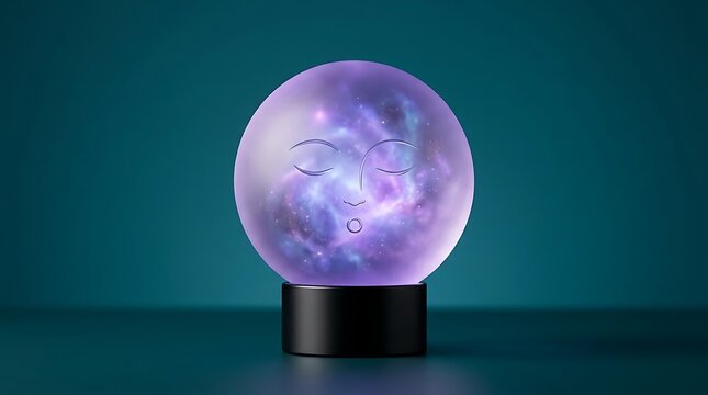 Glowing purple crystal ball with ethereal cosmic energy design inside fortune telling magic sphere esoteric