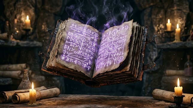 Ancient magical grimoire floating above wooden desk in dark stone chamber with candles magical book grimoire
