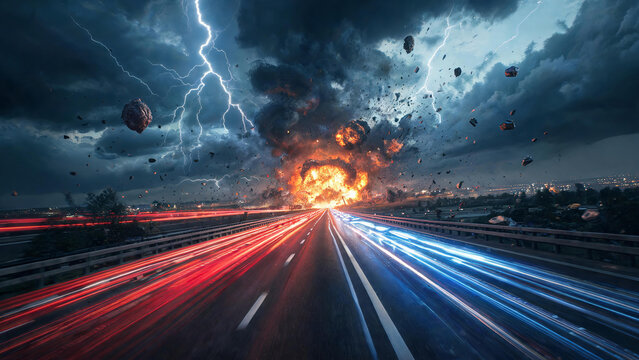 A highway with fast moving vehicle light trails leads to a fiery explosion under a stormy sky with lightning and flying debris.