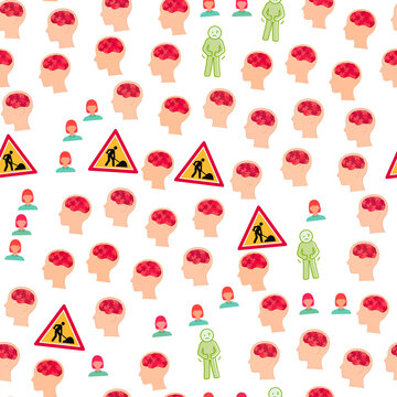 Seamless pattern of puzzle brains and warning signs