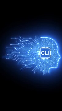 Neon artificial intelligence head with cli processor chip digital brain concept machine learning neural network