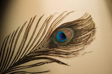 Peacock feather with eye detail on textured background © reddish