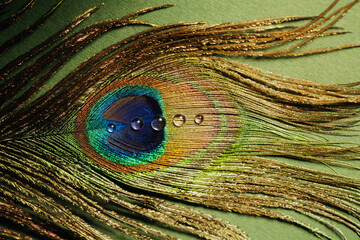Peacock feather with water drops on textured green background © reddish