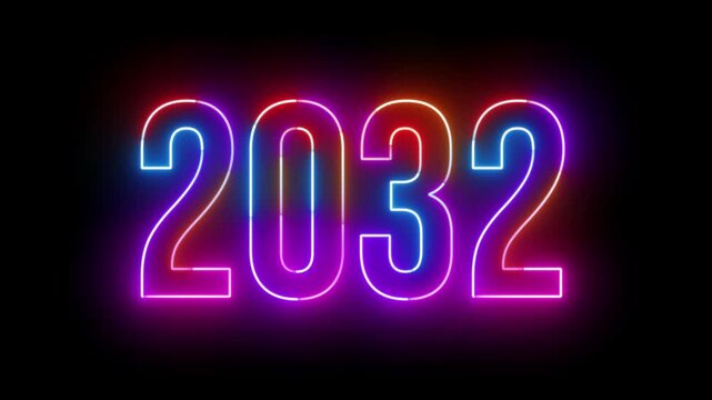 Colorful Neon 2032 Number Display with Vibrant Glow on Black Background
