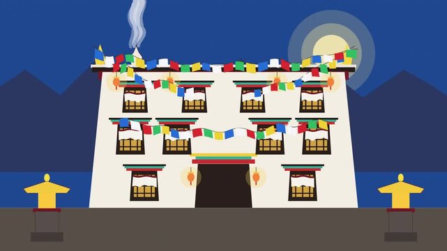 Pixel art tibetan palace animation at night