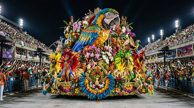 Vibrant parade float featuring a giant tropical bird sculpture and dancers performing before a cheering audience in an illuminated stadium at night